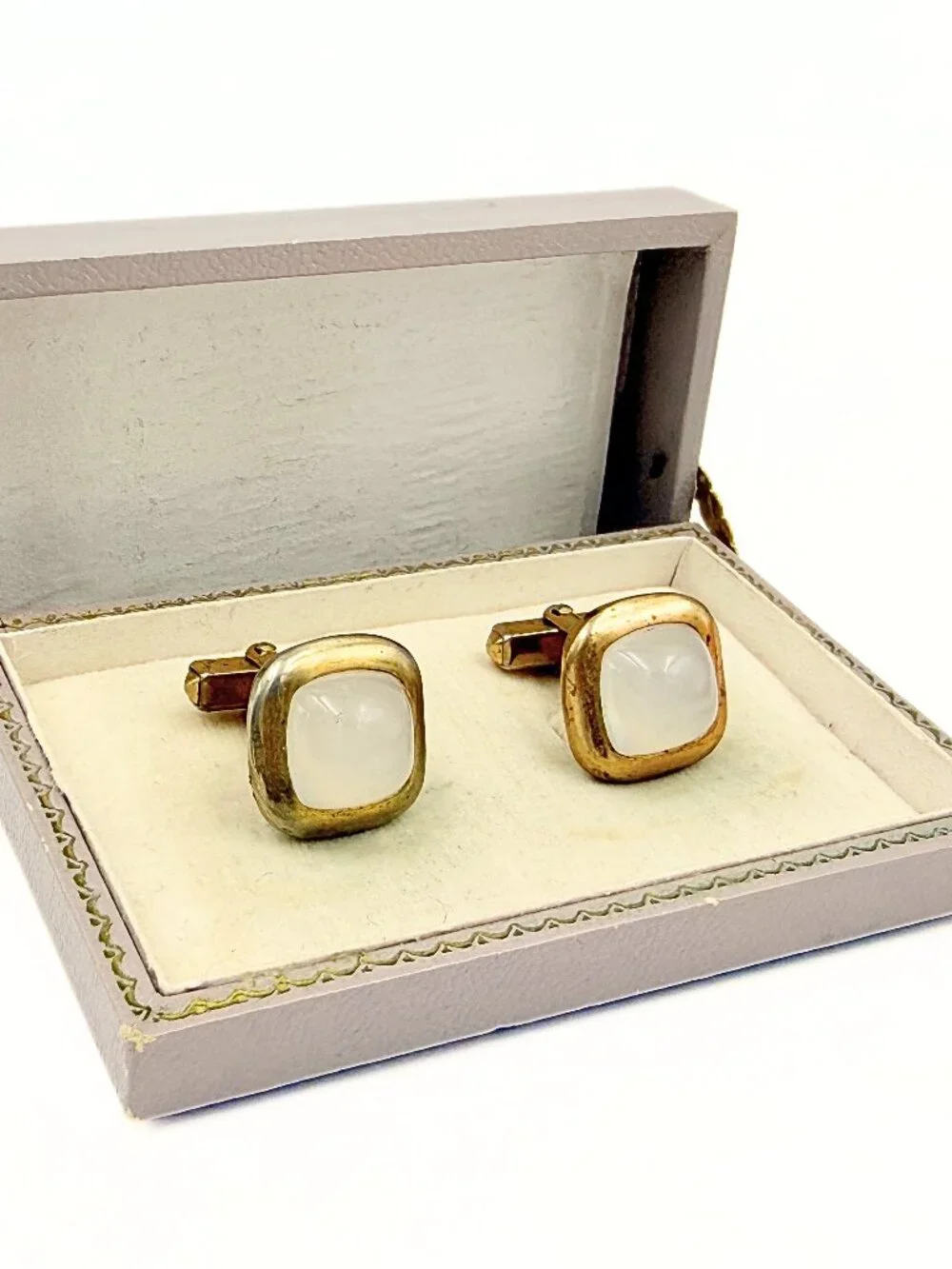 Antique Art Deco Anson Sugarloaf Opalite Gold Tone Cufflinks